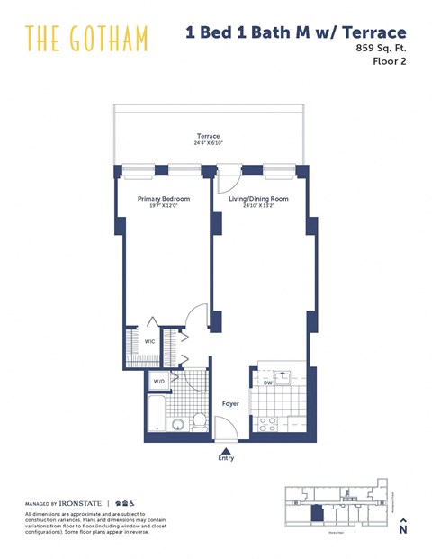Floor plan for 1 bed, 1 bath, 859 sqft